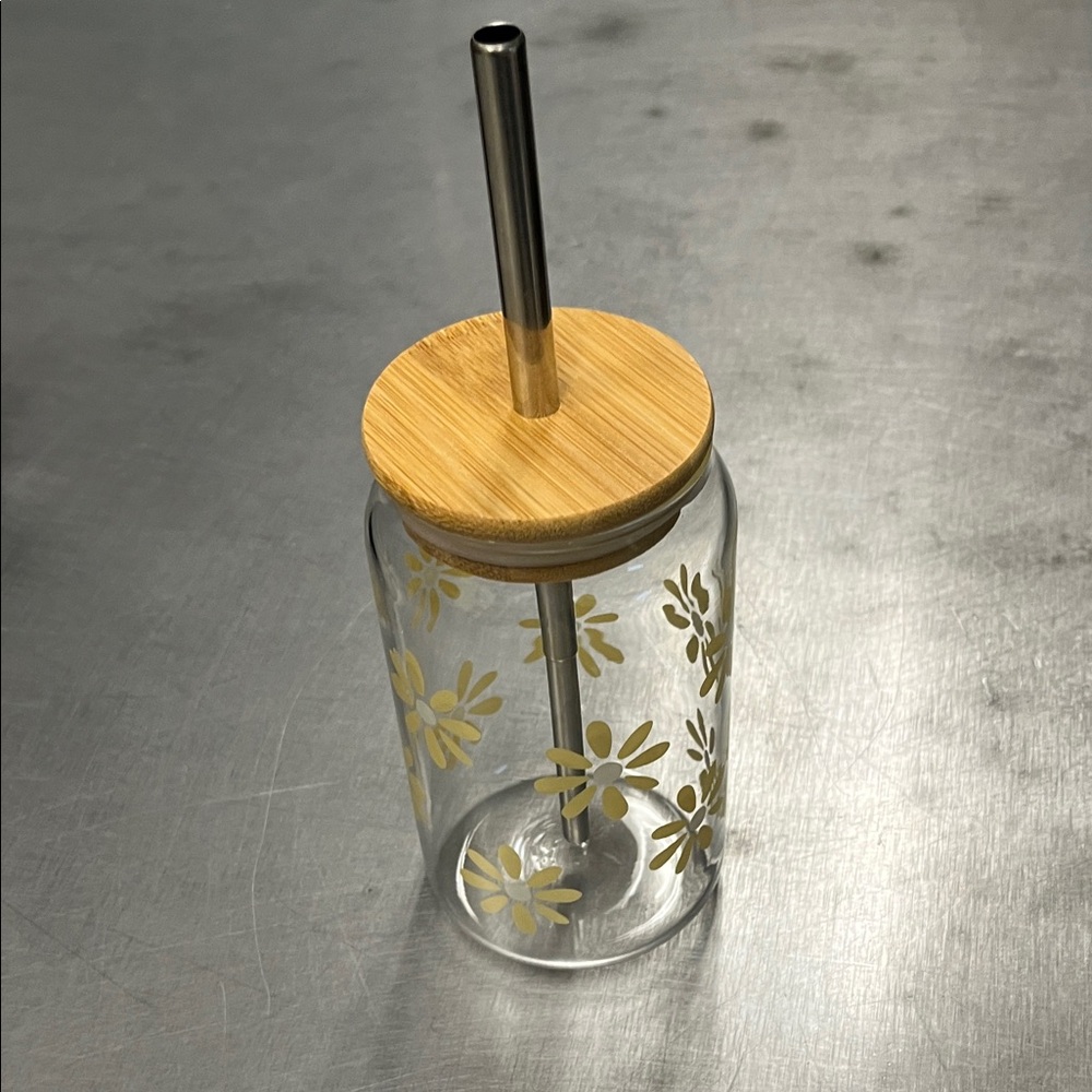 Floral Glass Tumbler with Bamboo Lid and Straw